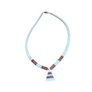 Vintage puka heishi coral pendant necklace abalone